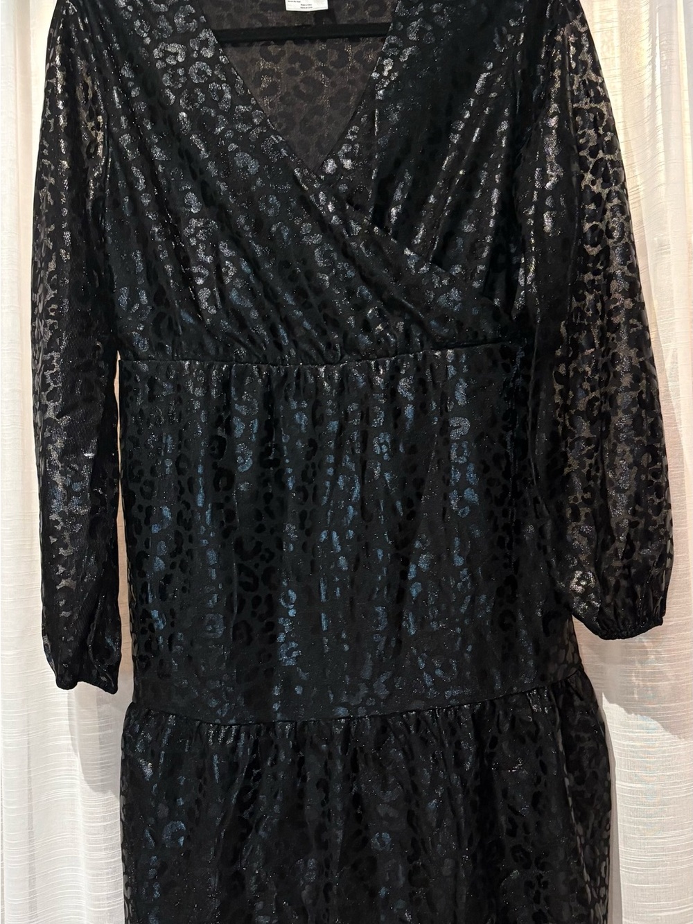 Black Metallic Leopard Wrap-Style Long Sleeve Dress